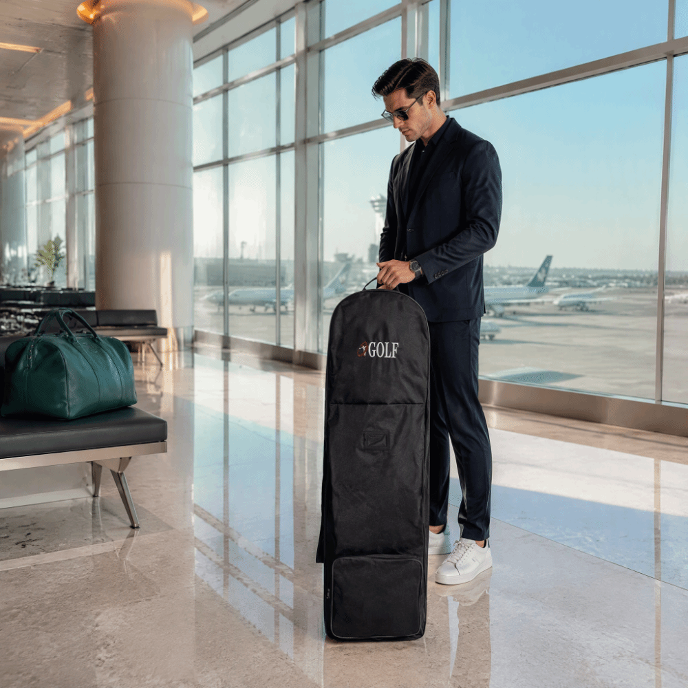 Foldable Rolling Luggage Bag - กระเป๋าเดินทางกอล์ฟสีดำ แบบพับได้ มีล้อ พร้อมสายรัดปรับได้ ผ้าอ็อกซ์ฟอร์ด กระเป๋าเดินทางกอล์ฟ