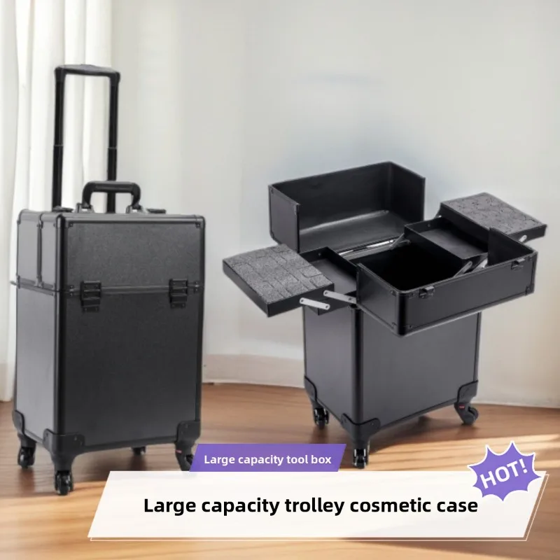 Luggage - กล่องจัดระเบียบเครื่องสำอางแบบมีล้อ ความจุขนาดใหญ่ หลายชั้น กล่องอุปกรณ์แต่งหน้าสำหรับทำเล็บและสักลายระดับมืออาชีพ กล่องเก็บอุปกรณ์ความงาม
